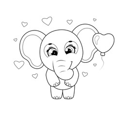 Coloring page. Cute cartooon elephant with a balloon