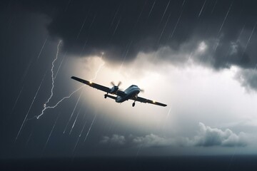 Aircraft flying through a thunderstorm amid lightning strikes & murky sky. Generative AI
