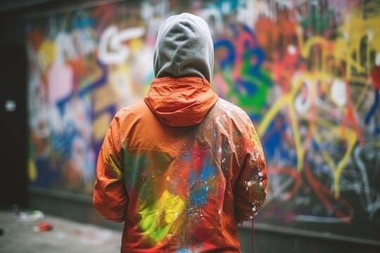 illustration, man from behind with a hood doing graffiti, ai generative