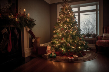 Christmas Tree in Cozy Festive Room with Fireplace