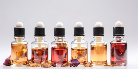 A row of bottles of essential oil. Multiple glass dropper bottles filled with oils of varying hues, alongside dried botanicals, suggesting a variety of therapeutic uses.