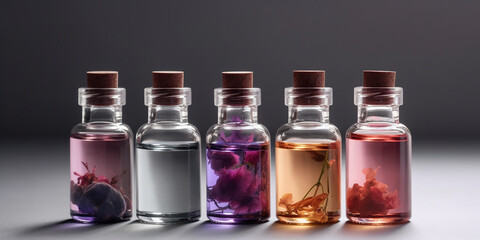An array of glass bottles, each with different floral infusions creating a gradient of colors, ready for a luxurious and aromatic bath experience.