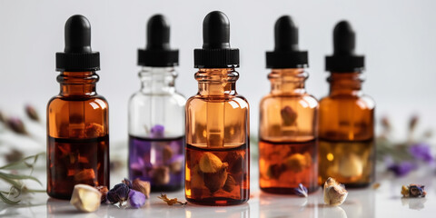 A collection of essential oil bottles with various natural elements, suggesting a range of therapeutic and aromatic properties.