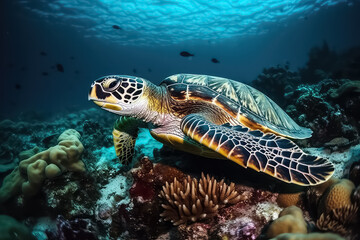 Naklejka na ściany i meble Sea turtle swimming on Maldives. Turtle in the blue sea, looking directly into the camera. Details of head, mouth and eyes, AI
