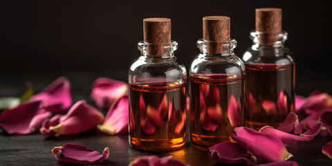 Obraz na płótnie Canvas Amber bottles filled with essential oils nestled among deep rose petals, portraying a luxurious and romantic essence.
