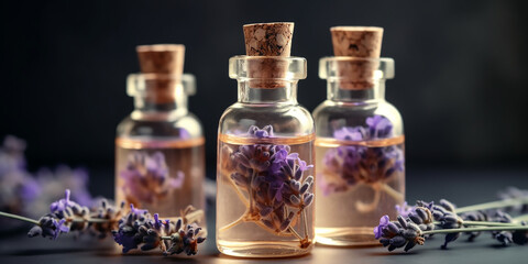 Obraz na płótnie Canvas Glass bottles with cork stoppers filled with dried lavender, a natural essence for relaxation and calm.
