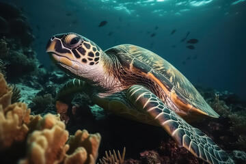 Obraz premium Sea turtle swimming on Maldives. Turtle in the blue sea, looking directly into the camera. Details of head, mouth and eyes, AI