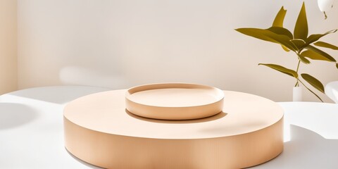 Two minimal modern wooden round tray podium on table counter in sunlight, beige wall background for luxury beauty, organic, fashion product display (Generative AI)