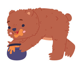 Cute baby bear eating sweet honey. Funny wild forest brown animal character cartoon vector illustration