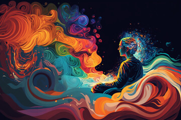 Psychic Waves: Digital Painting of  Meditating Person Surrounded by Swirling, Colorful Waves. waves take different shapes colors to reflect different emotions and mental states during meditation. Ai