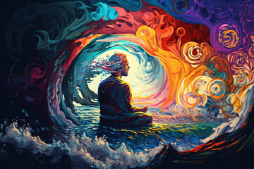Meditating Person Surrounded by Psychic Waves: Digital Painting. waves take different shapes colors to reflect different emotions and mental states during meditation. Ai