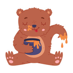 Cute baby bear sitting and eating sweet honey. Funny wild forest brown animal character cartoon vector illustration