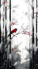 A painting of a bird sitting on a branch in a forest. AI generative.