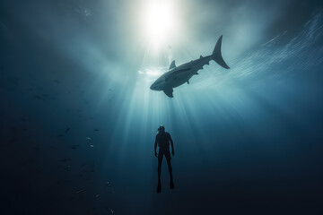 Fototapeta premium a diver swims with a shark in the maldives in the depths of the ocean, AI
