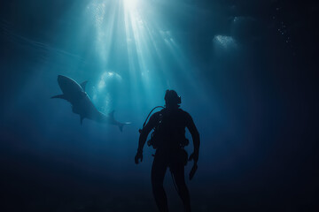 Fototapeta na wymiar a diver swims with a shark in the maldives in the depths of the ocean, AI