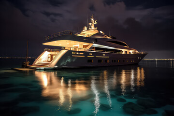 Fototapeta na wymiar Concept of travel vacation and vessel trip. luxury yacht sailing on ocean in Maldives, tropical island on background, AI