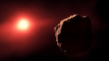 Asteroid fly through distant space near a distant sun