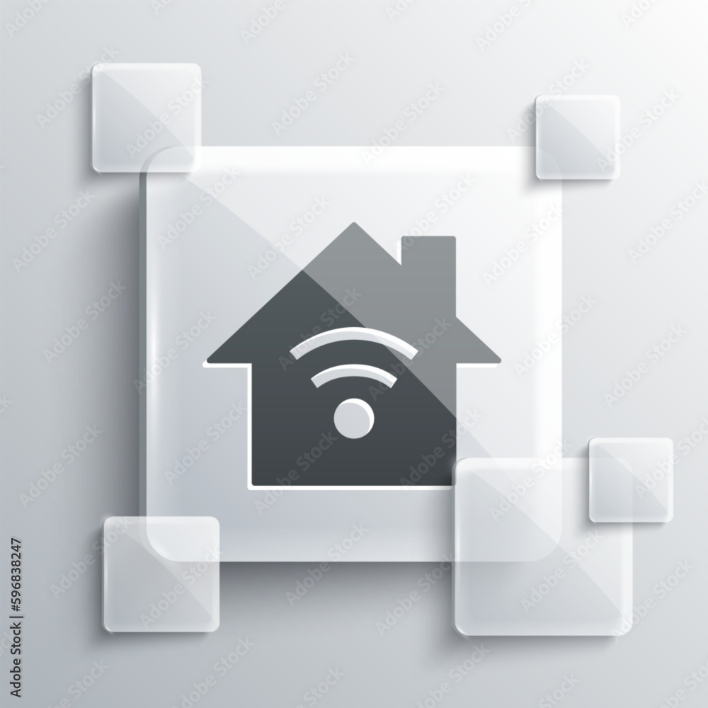 Poster grey smart home with wi-fi icon isolated on grey background. remote control. square glass panels. ve