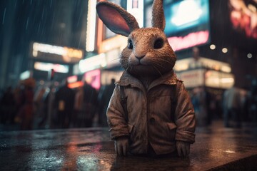 Eerie horror bunny at Times Square. Generative AI
