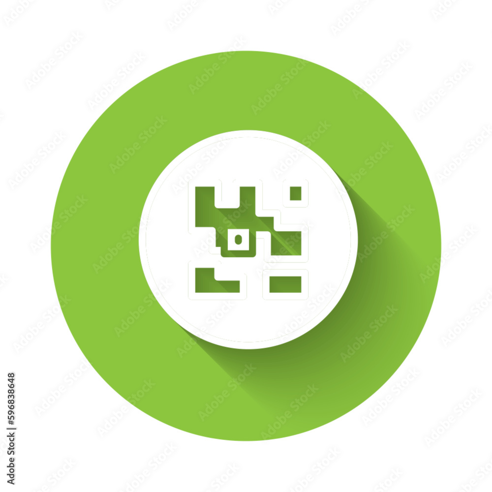 Poster white qr code sample for smartphone scanning icon isolated with long shadow background. green circle