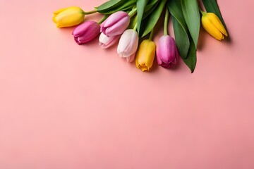 Nature spring concept. Top view photo of colorful tulips flowers on isolated pastel pink background