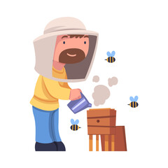 Obraz na płótnie Canvas Bearded Beekeeper with Smoker Keeping Honey Bee Engaged in Apiculture Vector Illustration