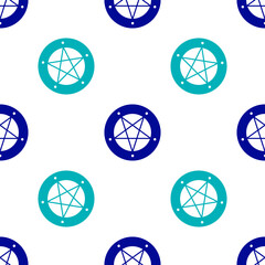 Blue Pentagram in a circle icon isolated seamless pattern on white background. Magic occult star symbol. Vector