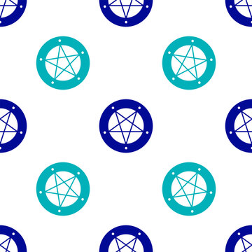 Blue Pentagram in a circle icon isolated seamless pattern on white background. Magic occult star symbol. Vector