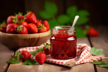 Strawberry jam in the glass jar at wooden table. Generative AI