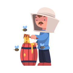 Mustached Beekeeper with Wooden Barrel on Honey Keeping Bee Engaged in Apiculture Vector Illustration