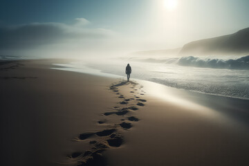 a lonely man walks along the beach, leaving large footprints along the shore, AI - obrazy, fototapety, plakaty