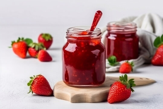 Strawberry jam in the glass jar with fresh berries. Generative AI