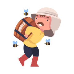 Mustached Beekeeper Carrying Wooden Barrel with Honey Engaged in Apiculture Vector Illustration