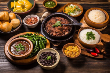 feijoada, and side dishes such as cassava, rice, beans, farofa, seasonings and salad. traditional brazilian food for lunch or dinner. generative ai