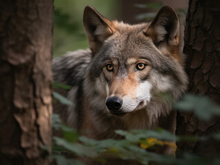 Fototapeta premium Majestic Wolf Hiding Behind Tree in Dense Forest