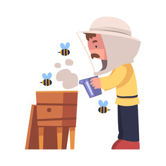 Mustached Beekeeper with Smoker Keeping Honey Bee Engaged in Apiculture Vector Illustration