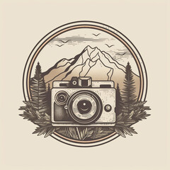 Illustration of a camera with nature and mountains. Useful as a logo for a photographer with a photography business. generative AI