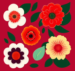 Set of flat floral stickers on a red background. Vector illustration for print