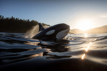 Orca whale also known as a killer whayl swimming in the Puget Sound. generative AI