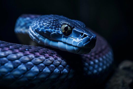 Dangerous blue viper snake. Close up macro image showing vibrant scales and intense eyes. generative AI