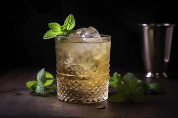 mint julep. is a mixed alcoholic beverage, or cocktail, consisting primarily of bourbon, sugar, water, crushed ice, and fresh mint. (generative ai) - obrazy, fototapety, plakaty