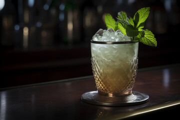 mint julep. is a mixed alcoholic beverage, or cocktail, consisting primarily of bourbon, sugar, water, crushed ice, and fresh mint. (generative ai)