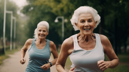 Fototapeta premium senior women jogging together in park. happy mature female exercising outside for healthy lifestyle. generative ai