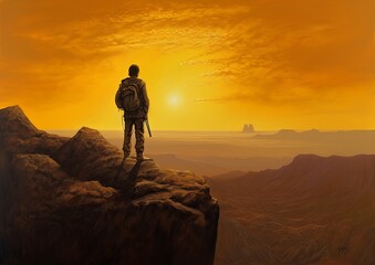 Silhouette of a person on the top of mountain. Concept of The Triumph of Reaching the Top. Generative AI.