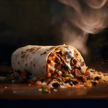 Burrito with meat and vegetables on a black background. Toned.