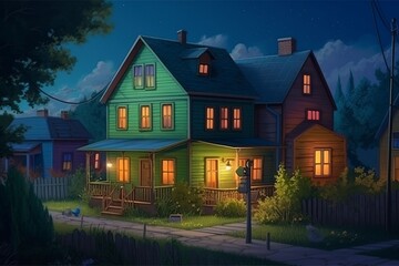 illustration, night in the village, generative ai.
