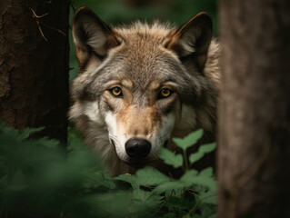 Obraz premium Majestic Wolf Hiding Behind Tree in Dense Forest