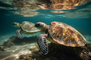 Obraz premium Big tropical turtle near a coral reef, created with Generative AI Technology