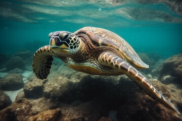 Obraz premium Big tropical turtle near a coral reef, created with Generative AI Technology