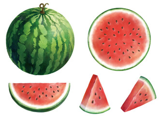 Watermelon illustration set | Whole and slices watermelon l Watercolor hand-drawn illustration | Isolated on white background